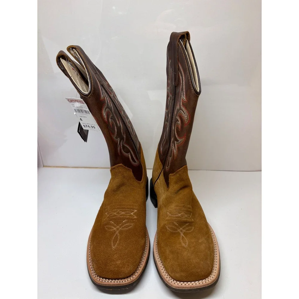 Old West Youth BSY1987 Brown Suede Leather Square Toe Cowboy Boots Size 4 D